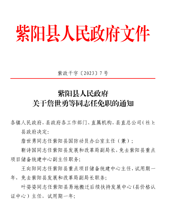 紫阳县人民政府办公室人事任命动态解读